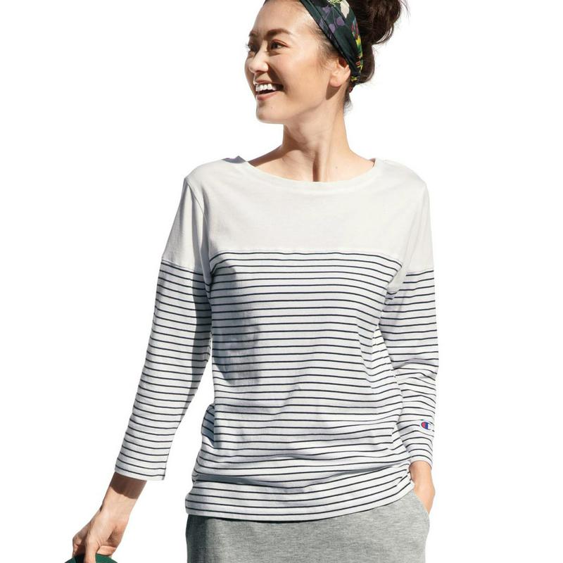 綿１００％で品よく着こなせる七分袖切替えボーダーＴシャツ（チャンピオン/Champion）