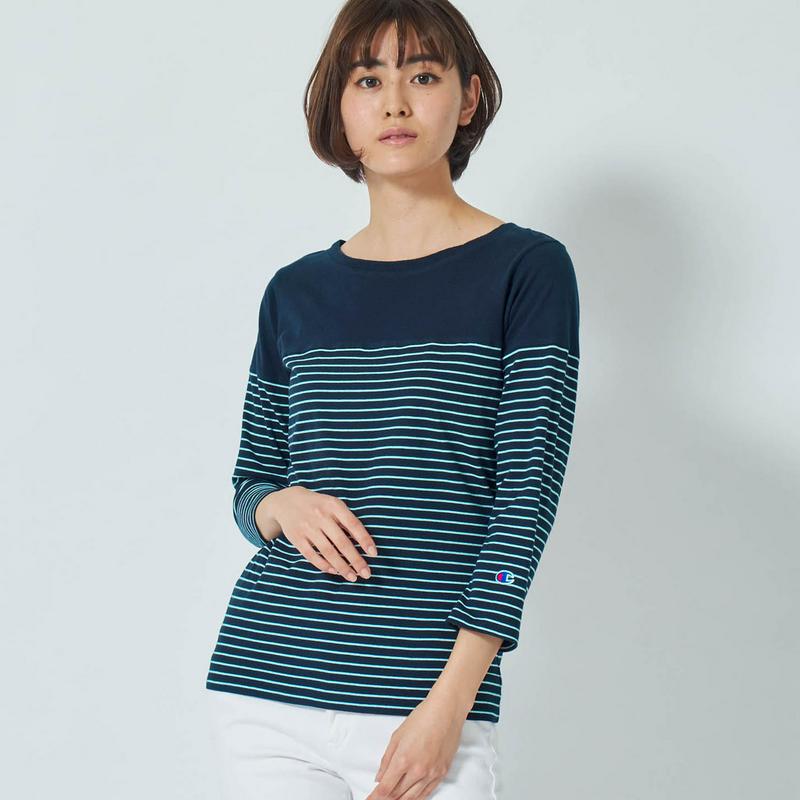 綿１００％で品よく着こなせる七分袖切替えボーダーＴシャツ（チャンピオン/Champion）