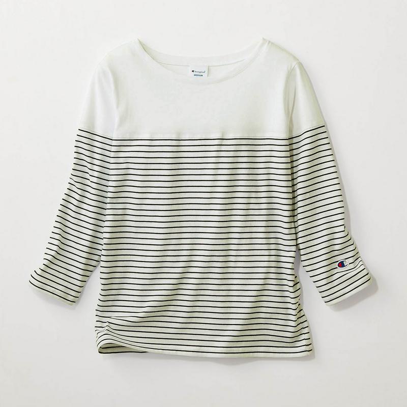 綿１００％で品よく着こなせる七分袖切替えボーダーＴシャツ（チャンピオン/Champion）