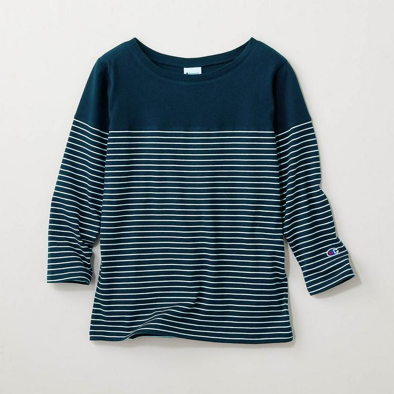 綿１００％で品よく着こなせる七分袖切替えボーダーＴシャツ（チャンピオン/Champion）