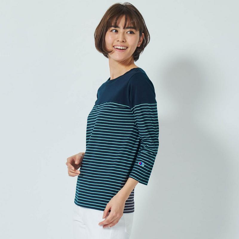 綿１００％で品よく着こなせる七分袖切替えボーダーＴシャツ（チャンピオン/Champion）