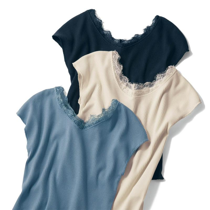 【９／２５販売終了】レース使いフレンチ袖リブＴシャツ【インにも便利】（７DAYS IN LOUNGE）