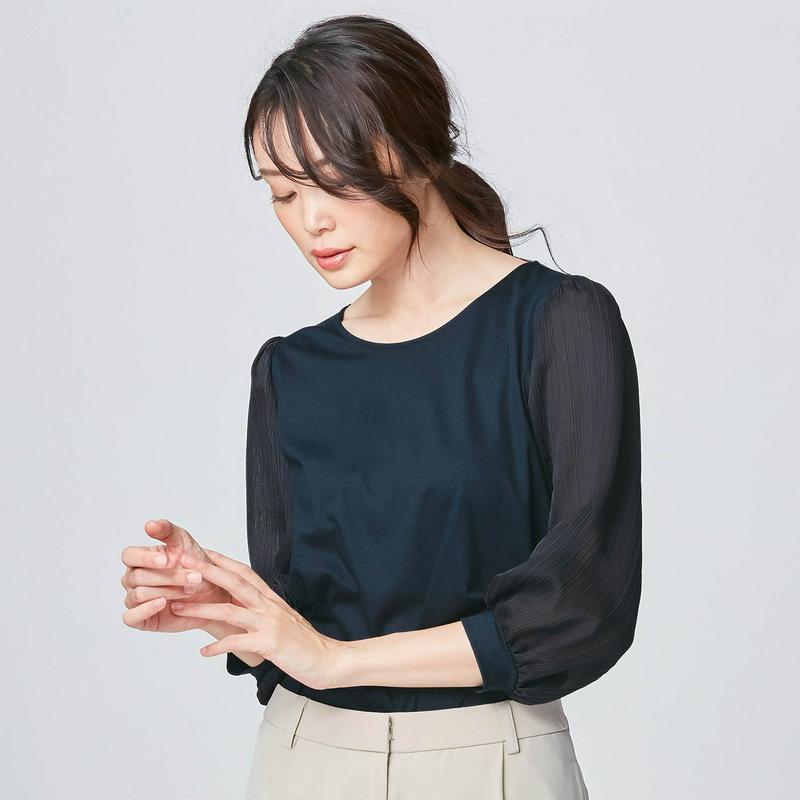 縦ラインで細見え　袖異素材切替えカットソー（スタイルノート/StyleNote）