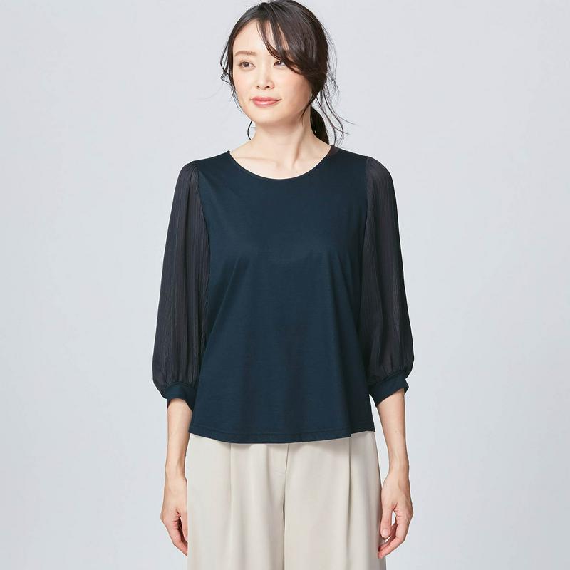 縦ラインで細見え　袖異素材切替えカットソー（スタイルノート/StyleNote）
