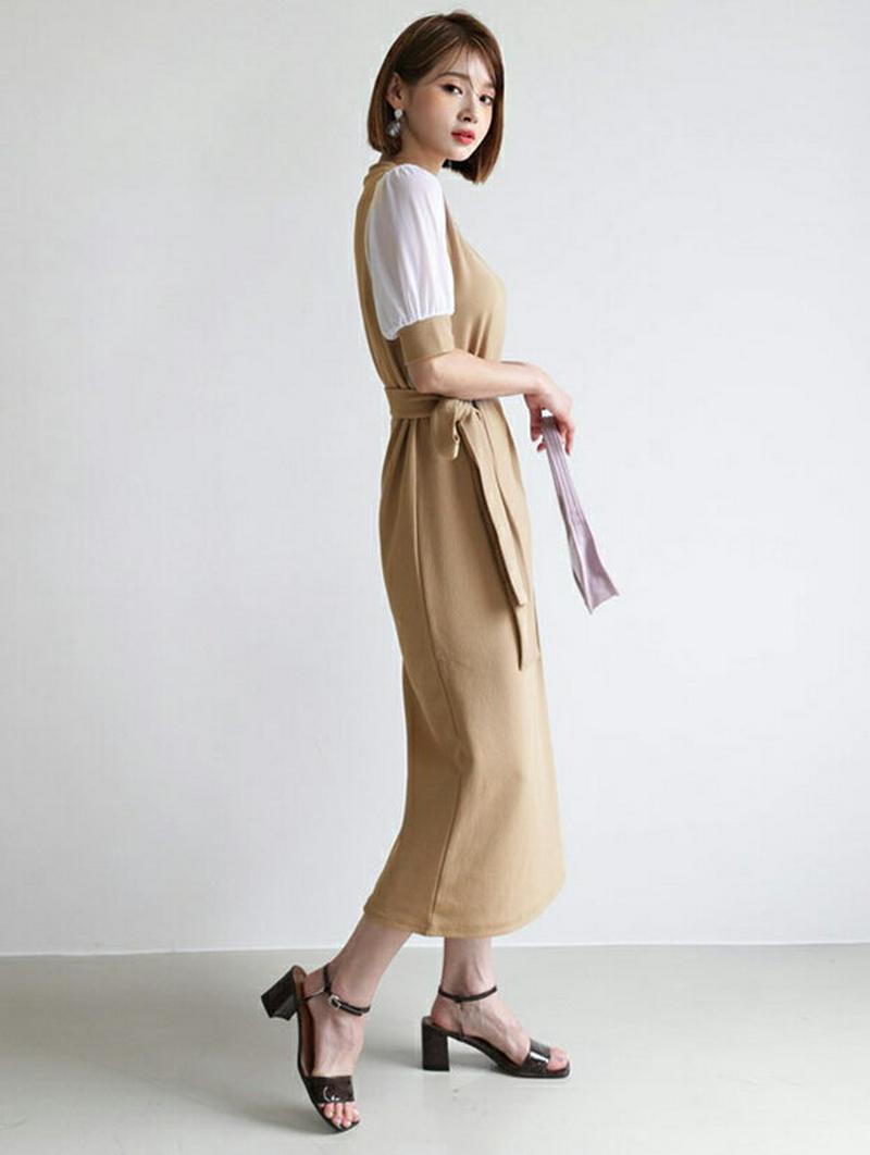 【新作10%OFF】ストラップ付配色スリーブワンピース・全3色・b47734 レディース【ops】【韓国 ファッション ワンピー