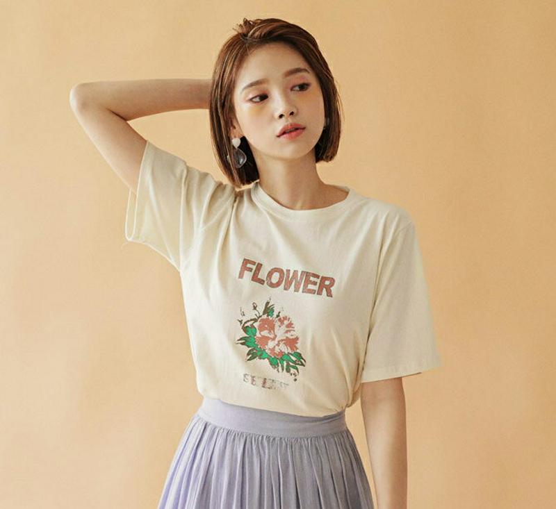 【新作10%OFF】FLOFWERプリントTシャツ・全4色・b47743 レディース【tops】【韓国 ファッション トップス 