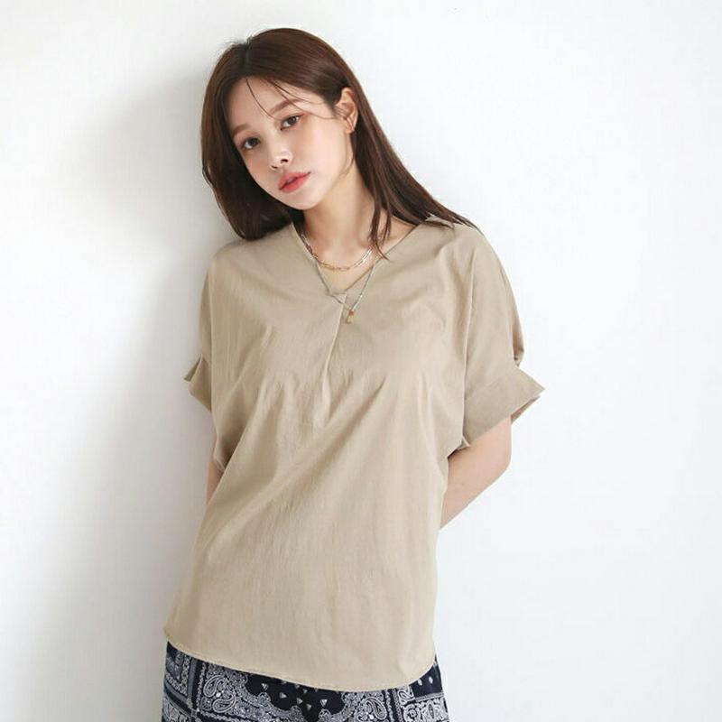 【新作10%OFF】VネックタックTシャツ・全4色・b63075 レディース【tops】【韓国 ファッション トップス Tシャツ