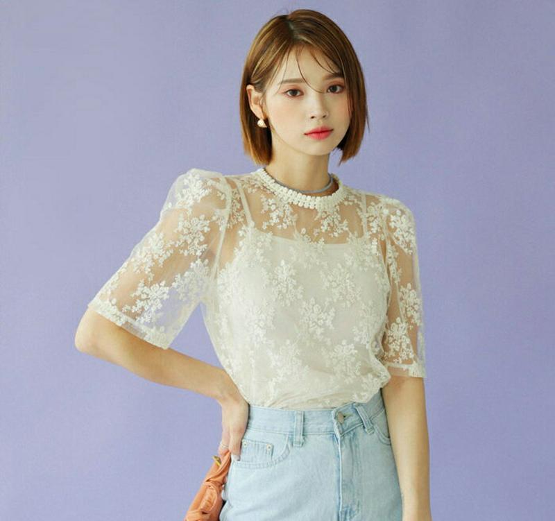 【新作10%OFF】キャミ付シアー刺繍ブラウス・全3色・b47751 レディース【bl】【韓国 ファッション トップス ブラウス