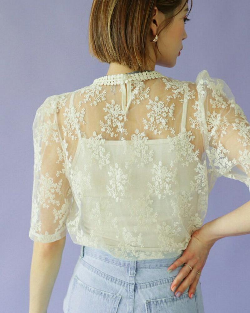 【新作10%OFF】キャミ付シアー刺繍ブラウス・全3色・b47751 レディース【bl】【韓国 ファッション トップス ブラウス