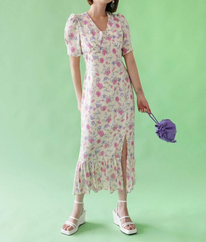 【新作10%OFF】フローラルスリットワンピース・全2色・b47732 レディース【ops】【韓国 ファッション ワンピース ロ