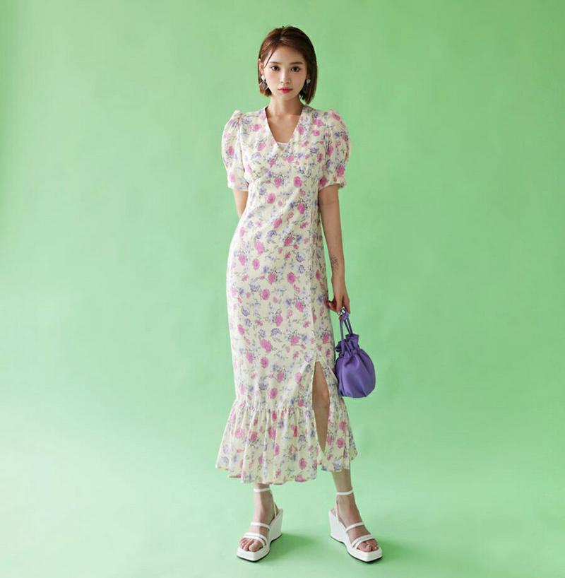 【新作10%OFF】フローラルスリットワンピース・全2色・b47732 レディース【ops】【韓国 ファッション ワンピース ロ