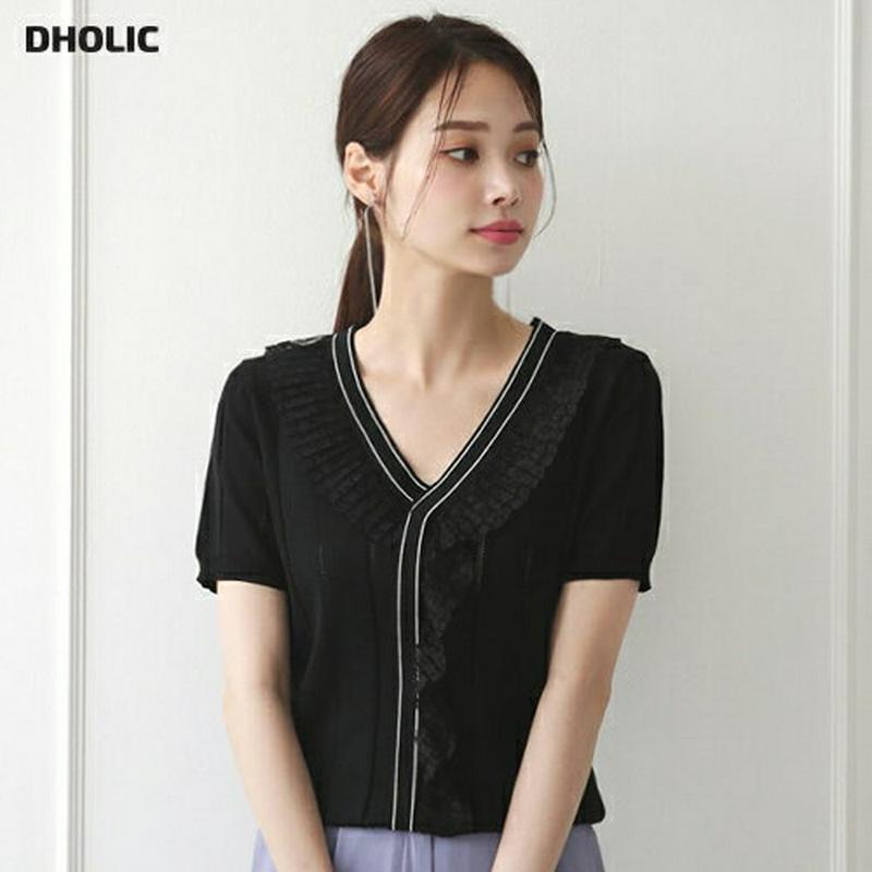 【新作10%OFF】レースVネック配色ニット・全2色・b63066 レディース【tops】【韓国 ファッション トップス ニット
