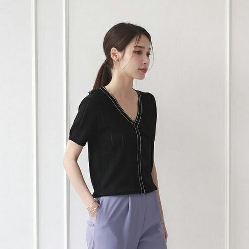 【新作10%OFF】レースVネック配色ニット・全2色・b63066 レディース【tops】【韓国 ファッション トップス ニット