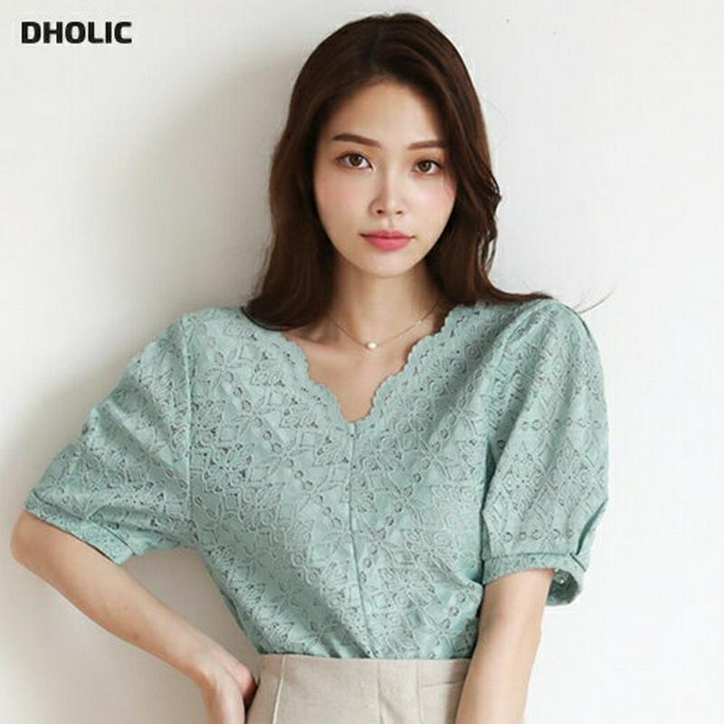 【新作10%OFF】Vネックレースブラウス・全3色・t63070 レディース【bl】【韓国 ファッション トップス ブラウス 半