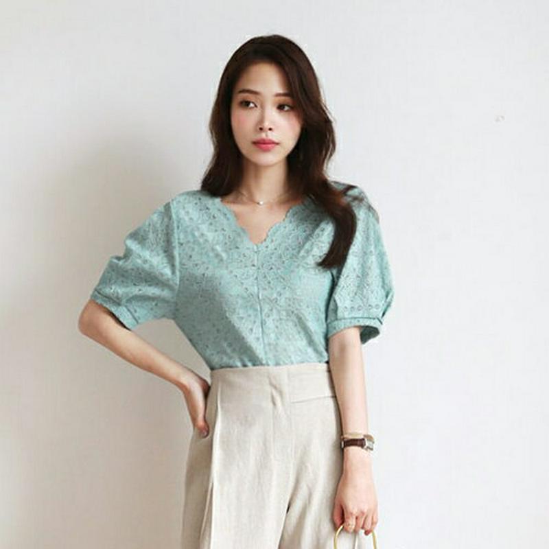 【新作10%OFF】Vネックレースブラウス・全3色・t63070 レディース【bl】【韓国 ファッション トップス ブラウス 半