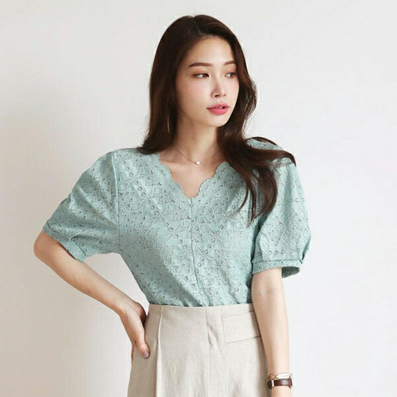 【新作10%OFF】Vネックレースブラウス・全3色・t63070 レディース【bl】【韓国 ファッション トップス ブラウス 半