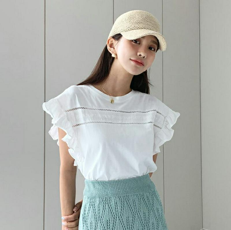 レースフリルスリーブレス・全3色・b56026 レディース【tops】【韓国 ファッション トップス スリーブレス ノースリーブ ラウンドネック 綿 コットン フェミニン オフィスカジュアル レース フリル シアー 透け感 大人 夏】