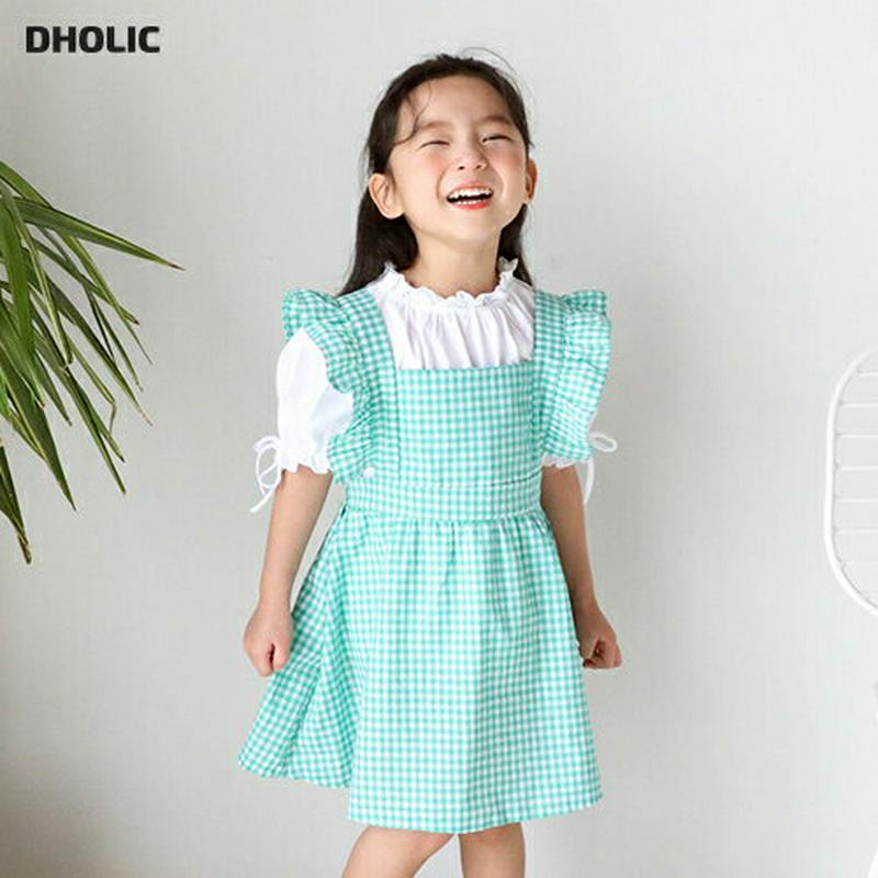 チェックフリルエプロンドレス・u04388・キッズ 【3~8才】【ops】【韓国 ファッション ワンピース ミディ ミドル 膝丈