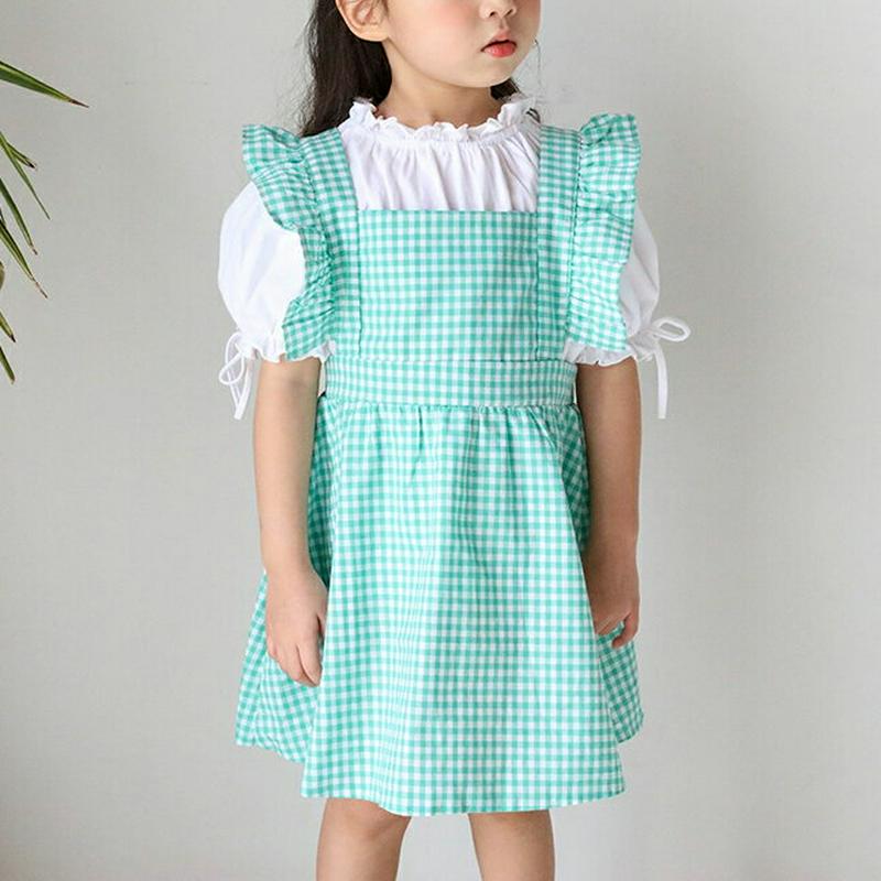 チェックフリルエプロンドレス・u04388・キッズ 【3~8才】【ops】【韓国 ファッション ワンピース ミディ ミドル 膝丈