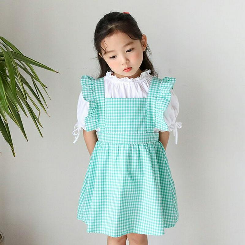 チェックフリルエプロンドレス・u04388・キッズ 【3~8才】【ops】【韓国 ファッション ワンピース ミディ ミドル 膝丈