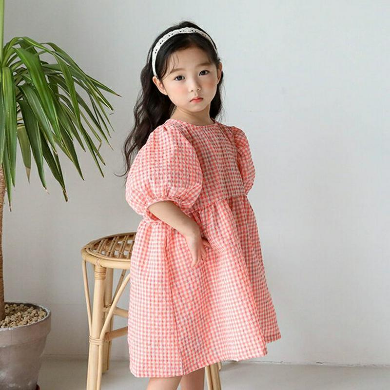 チェックボリュームスリーブワンピース・u04389 キッズ【3~8才】【ops】【ワンピース チェック柄 チェックワンピース パ