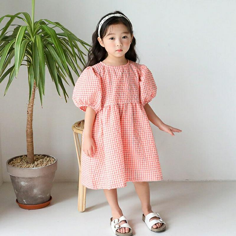 チェックボリュームスリーブワンピース・u04389 キッズ【3~8才】【ops】【ワンピース チェック柄 チェックワンピース パ