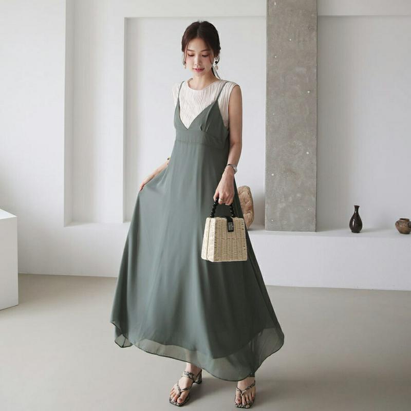 ≪人気商品再入荷≫Vネックスリーブレスワンピース・全3色・t63109 レディース【ops】 韓国ファッション ワンピース ロング丈 ロングワンピース 深Vネック フレア キャミソール スリーブレス ノースリーブ シンプル 大人 上品 夏 ハイホリHIHOLLI