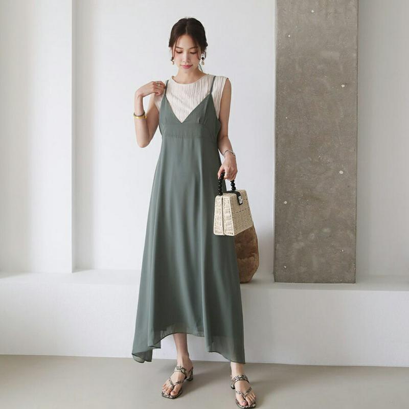 ≪人気商品再入荷≫Vネックスリーブレスワンピース・全3色・t63109 レディース【ops】 韓国ファッション ワンピース ロング丈 ロングワンピース 深Vネック フレア キャミソール スリーブレス ノースリーブ シンプル 大人 上品 夏 ハイホリHIHOLLI