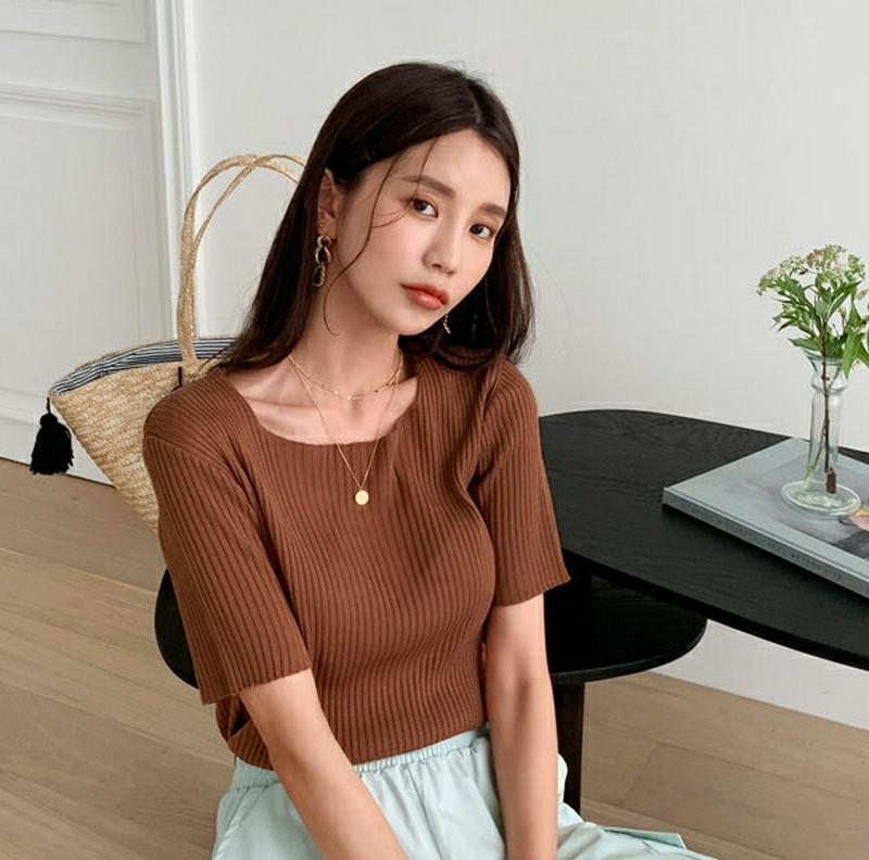 リブスクエアネック半袖ニット・全4色・t56481 レディース【tops】【韓国 ファッション トップス ニット ニットトップス