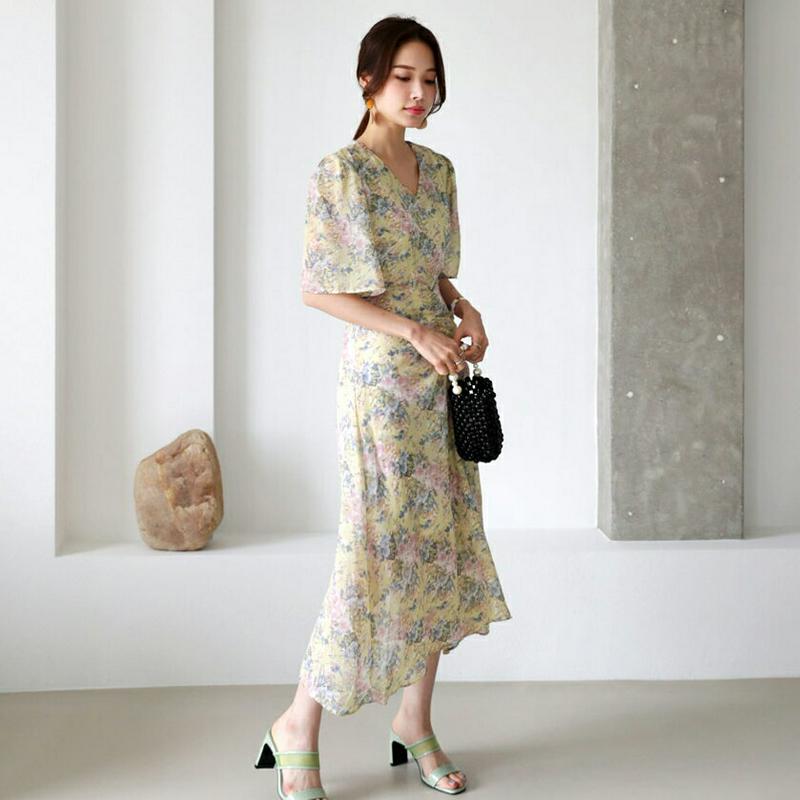 Vネックフローラルワンピース・全3色・t63112 レディース【ops】【韓国 ファッション ロング丈 ロングワンピース ワンピ