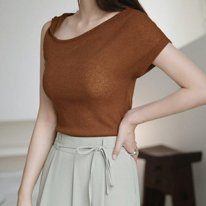 アンバランスネックTシャツ・全3色・t63097 レディース【tops】【韓国 ファッション トップス Tシャツ 半袖 前後着用