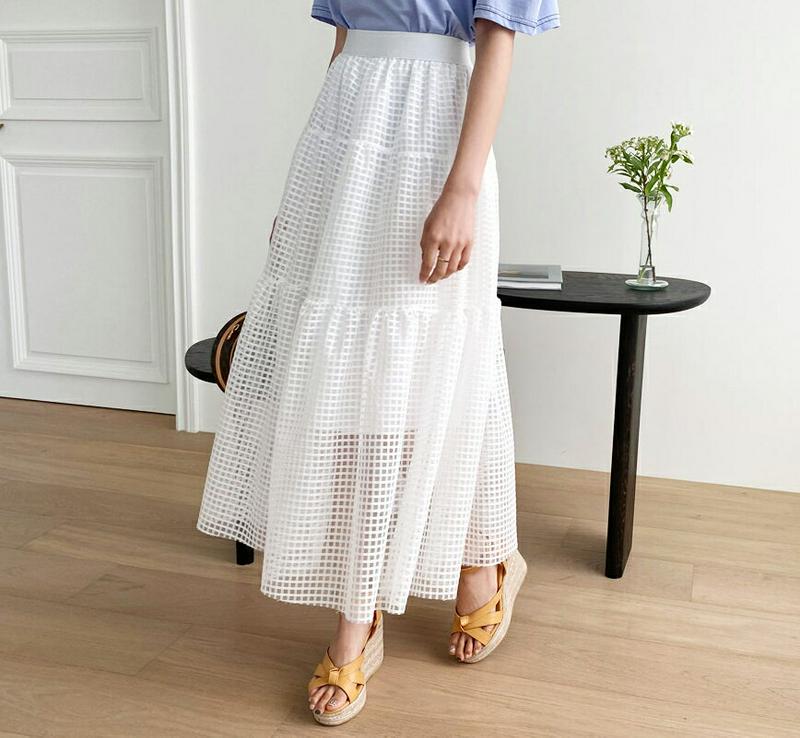 シアーチェックティアードスカート・全2色・b56495 レディース【sk】【韓国 ファッション スカート ロング ロングスカート