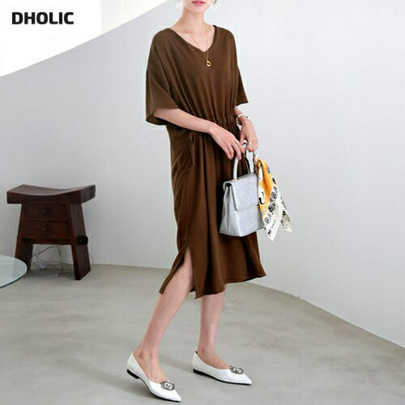 Vネックドロストワンピース・全4色・b63113 レディース【ops】【韓国 ファッション ワンピース ミディ丈 ミディワンピー