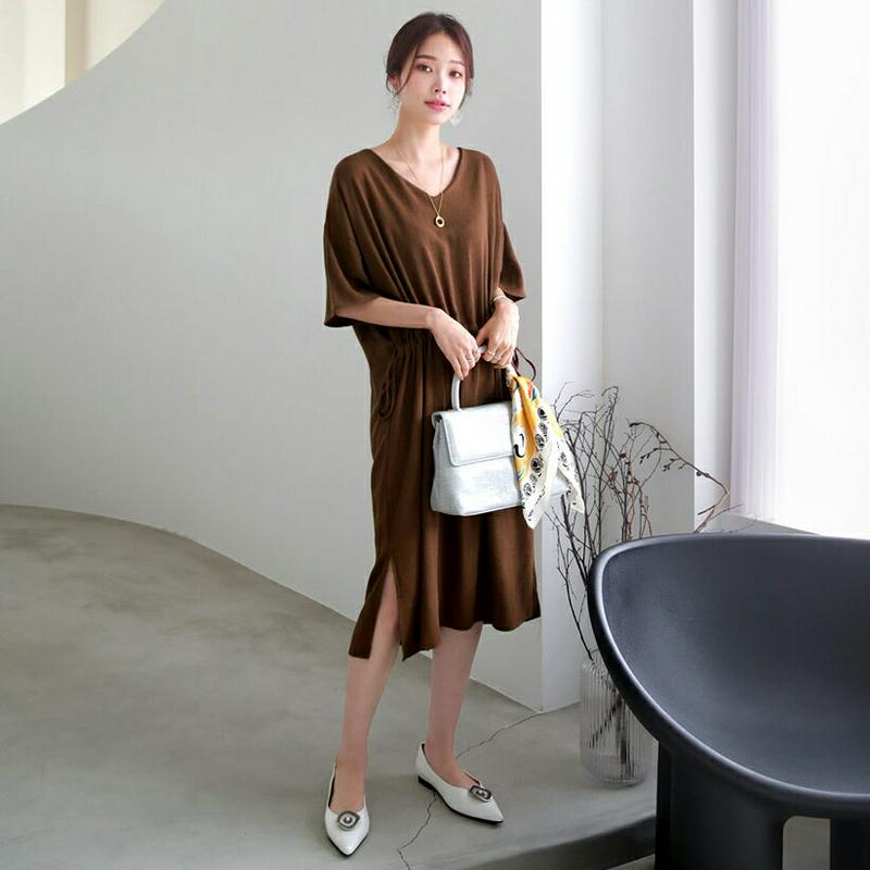 Vネックドロストワンピース・全4色・b63113 レディース【ops】【韓国 ファッション ワンピース ミディ丈 ミディワンピー