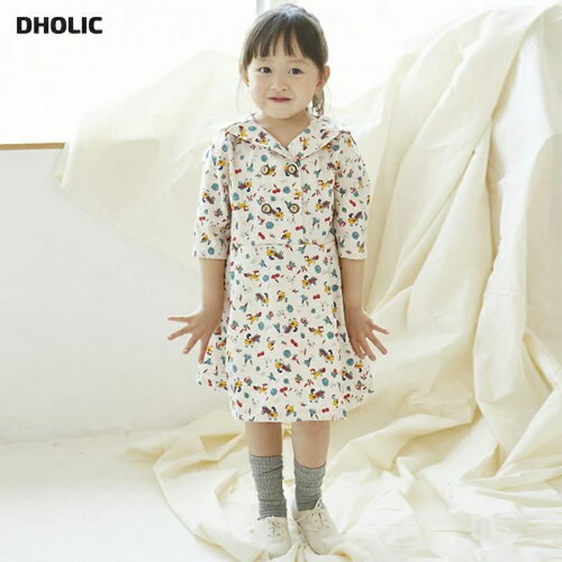 ダブルボタンパターンワンピース・p004116・キッズ 【3~8才】【ops】【韓国 ファッション ワンピース ミディ ミドル 膝丈 膝上 ショート 七分袖 7分袖 フレア Aライン パターン 柄 女の子 お出かけ 通学 通園 子供 子供服 小学生 夏】【KIDS】