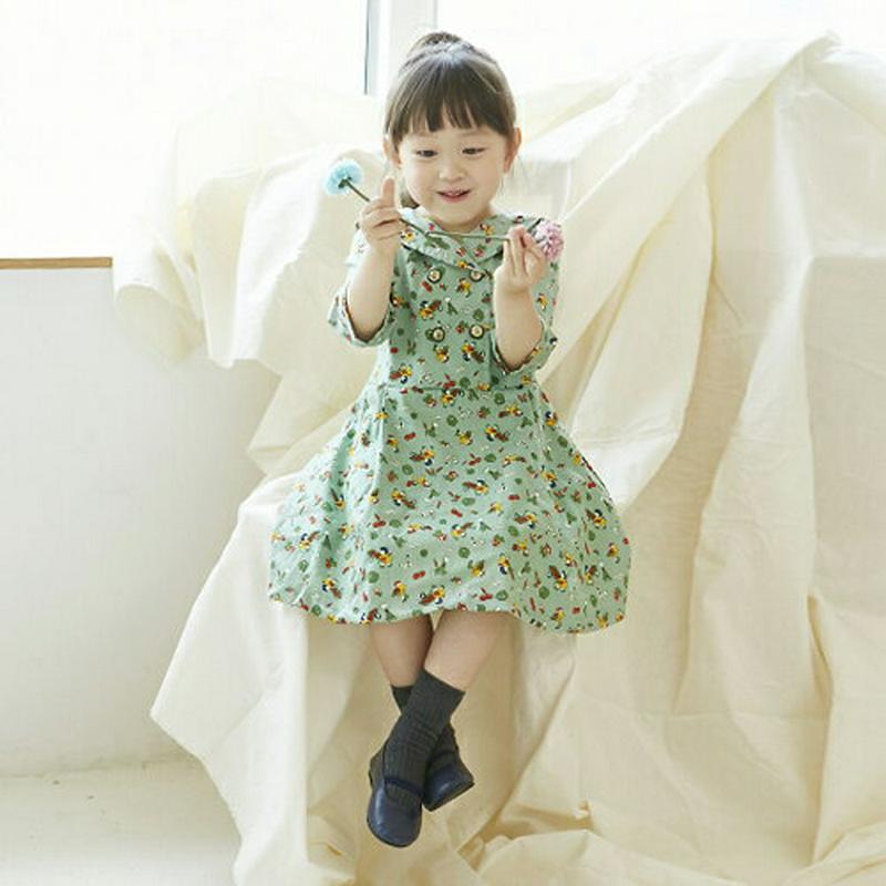 ダブルボタンパターンワンピース・p004116・キッズ 【3~8才】【ops】【韓国 ファッション ワンピース ミディ ミドル 膝丈 膝上 ショート 七分袖 7分袖 フレア Aライン パターン 柄 女の子 お出かけ 通学 通園 子供 子供服 小学生 夏】【KIDS】