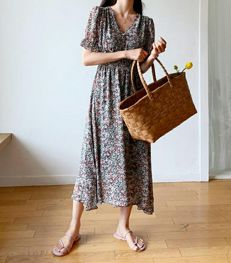 【新作10%OFF】Vネックフローラルワンピース・全1色・e60377 レディース【ops】【韓国 ファッション ワンピース ロ