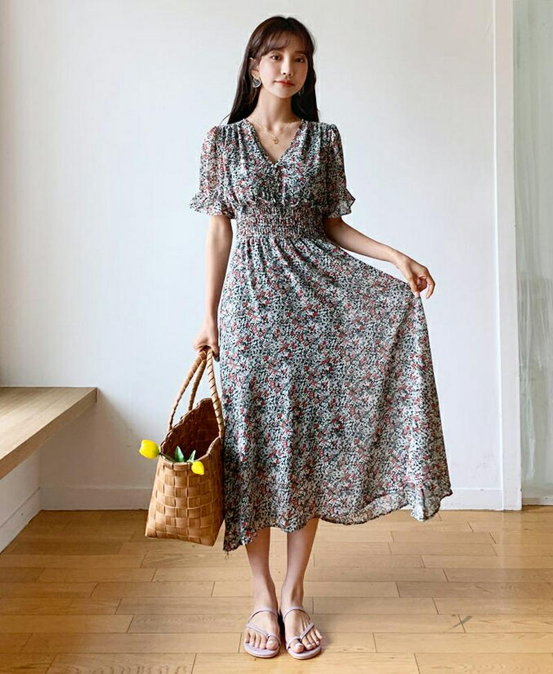 【新作10%OFF】Vネックフローラルワンピース・全1色・e60377 レディース【ops】【韓国 ファッション ワンピース ロ