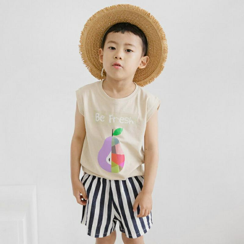 Be Fresh上下SET・p002568・キッズ 【3~8才】【SET】【韓国 ファッション セットアップ Tシャツ カットソー 半袖 パンツ ショート ハーフ ワンマイルウェア 部屋着 ルームウェア 通学 通園 薄手 女の子 男の子 ストライプ 子供服 小学生 夏】【KIDS】