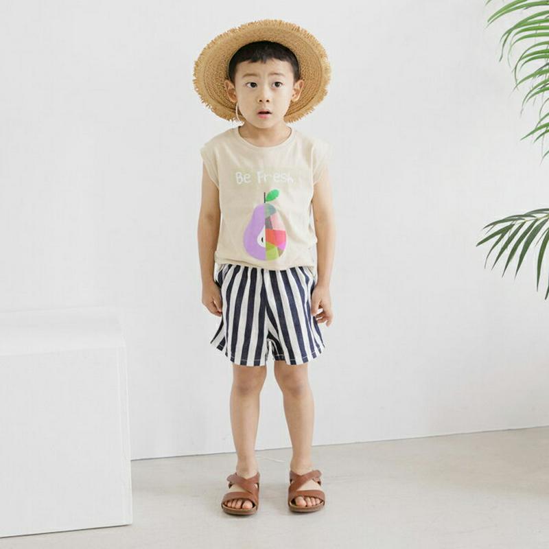 Be Fresh上下SET・p002568・キッズ 【3~8才】【SET】【韓国 ファッション セットアップ Tシャツ カットソー 半袖 パンツ ショート ハーフ ワンマイルウェア 部屋着 ルームウェア 通学 通園 薄手 女の子 男の子 ストライプ 子供服 小学生 夏】【KIDS】