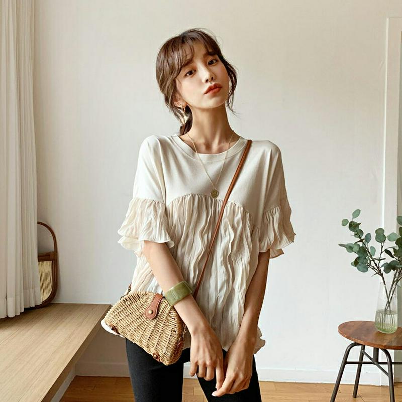 【新作10%OFF】リンクルヘムラウンドTシャツ・全3色・b60365 レディース【tops】【韓国 ファッション トップス T