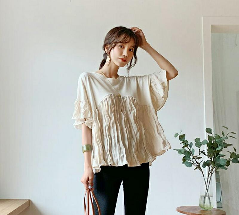 【新作10%OFF】リンクルヘムラウンドTシャツ・全3色・b60365 レディース【tops】【韓国 ファッション トップス T