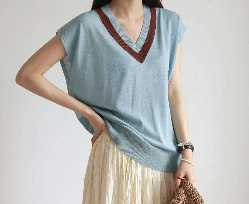 【新作10%OFF】配色Vネックニット・全3色・b63065 レディース【tops】【韓国 ファッション トップス ニット ニッ