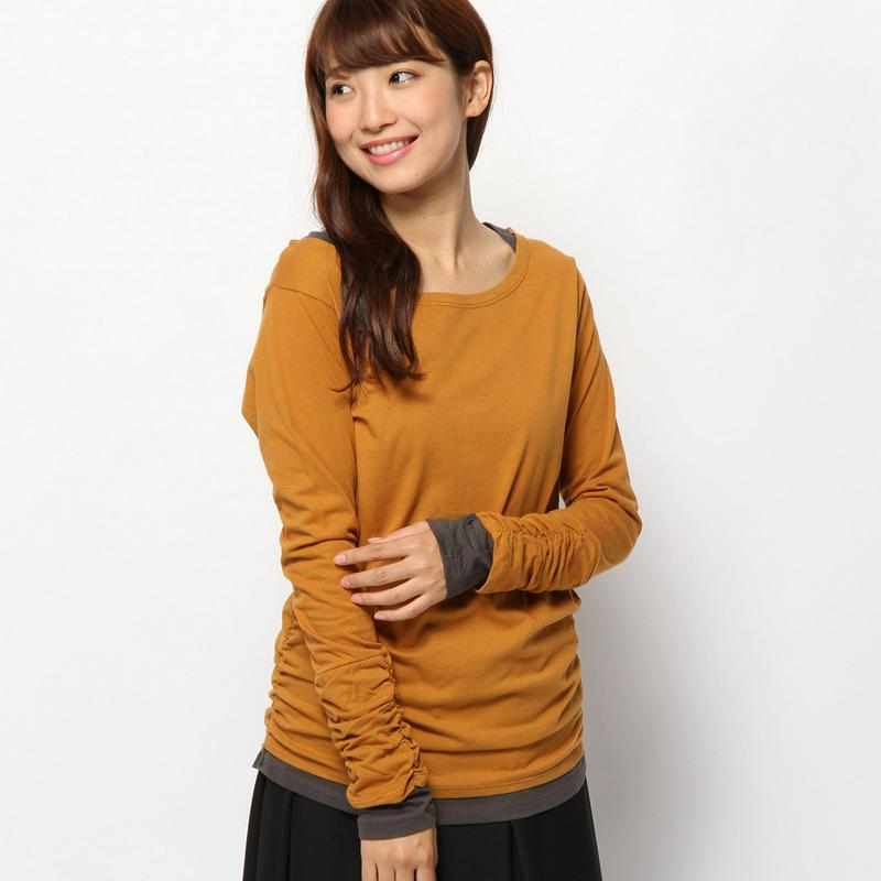 【９／２５販売終了】指穴袖くしゅくしゅ重ね着風ロングＴシャツ【杢グレー／３Ｌのみ】（manoamano／マノアマノ）
