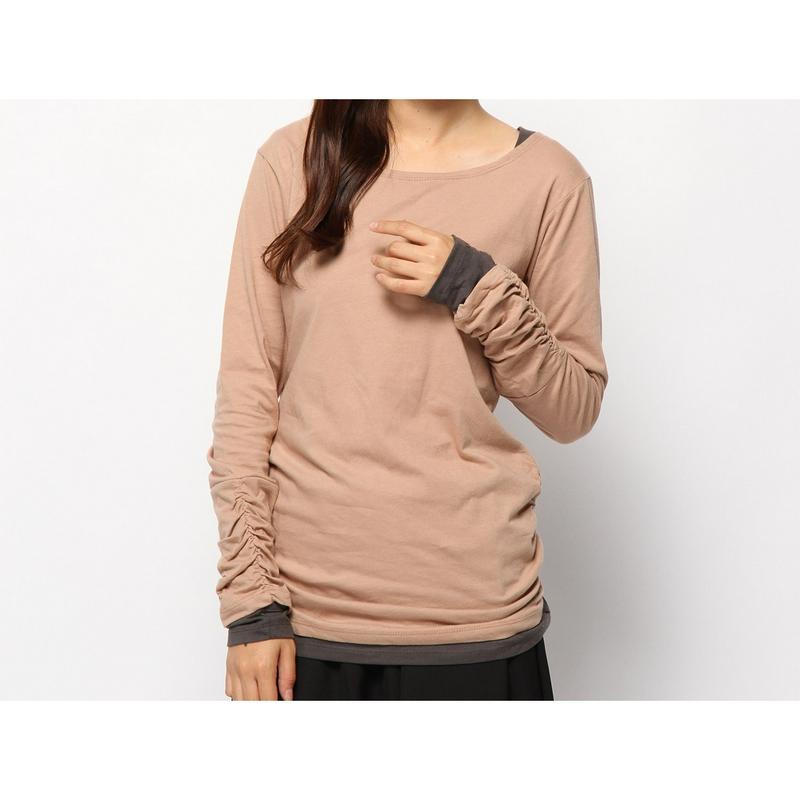 【９／２５販売終了】指穴袖くしゅくしゅ重ね着風ロングＴシャツ【杢グレー／３Ｌのみ】（manoamano／マノアマノ）