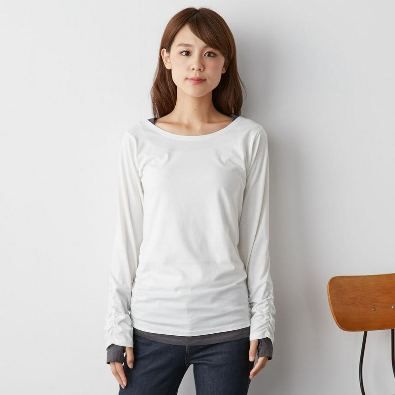 【９／２５販売終了】指穴袖くしゅくしゅ重ね着風ロングＴシャツ【杢グレー／３Ｌのみ】（manoamano／マノアマノ）