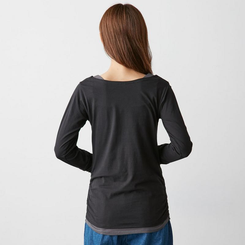 【９／２５販売終了】指穴袖くしゅくしゅ重ね着風ロングＴシャツ【杢グレー／３Ｌのみ】（manoamano／マノアマノ）
