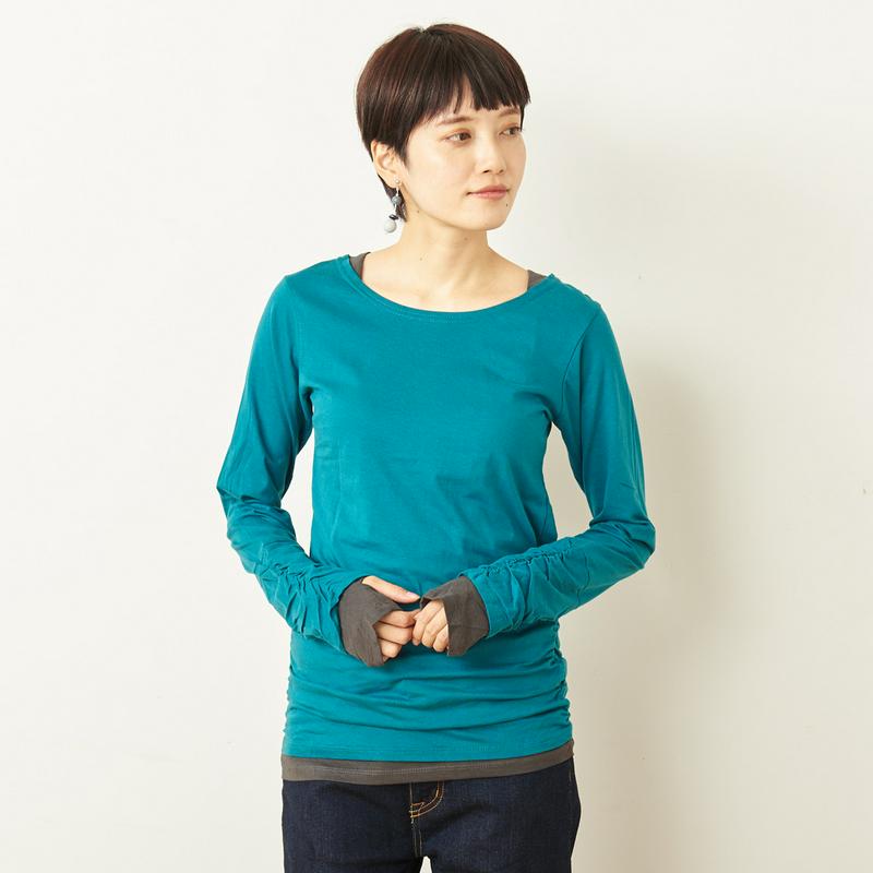 【９／２５販売終了】指穴袖くしゅくしゅ重ね着風ロングＴシャツ【杢グレー／３Ｌのみ】（manoamano／マノアマノ）