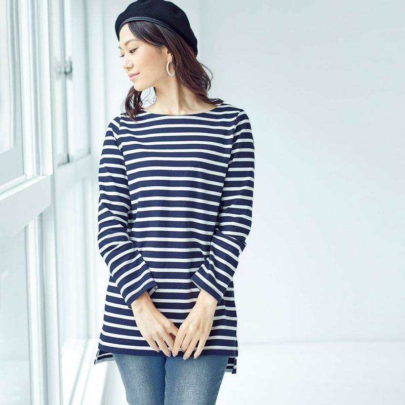 太番手の綿１００％長袖ボーダーチュニックＴシャツ