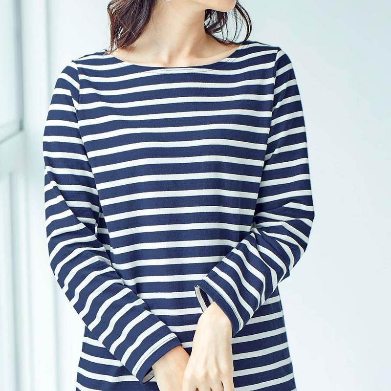 太番手の綿１００％長袖ボーダーチュニックＴシャツ